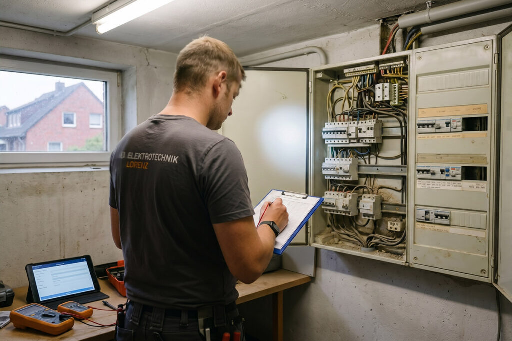 Elektriker von Elektrotechnik Lorenz prüft einen Sicherungskasten mit Messgerät und dokumentiert die Ergebnisse auf einem Klemmbrett