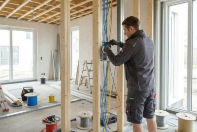 Elektriker in Coesfeld verlegt farbige Installationskabel an einem Holzständerwerk im Rohbau eines Neubaus