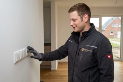 Elektromeister von Elektrotechnik Lorenz in Coesfeld prüft eine Lichtschalter-Reihe an der Wand im Neubau