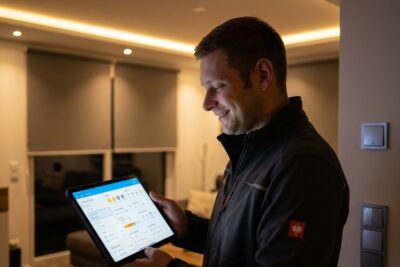Elektromeister von Elektrotechnik Lorenz in Coesfeld steuert ein Smart-Home-System per Tablet im Wohnzimmer