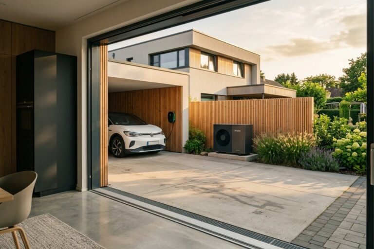 Solaranlage nahe Dülmen im Münsterland – modernes Einfamilienhaus mit Wallbox in der Garage, Wärmepumpe im Garten und Elektroauto am Ladekabel