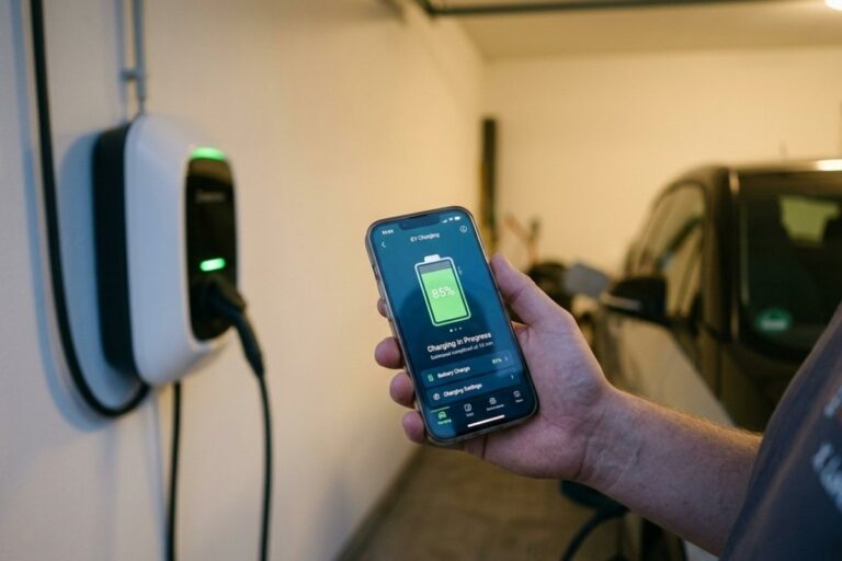 Wallbox-Ladestation nahe Dülmen im Münsterland – Hand hält ein Smartphone mit Lade-App vor einer Wallbox, während ein Elektroauto in der Garage geladen wird