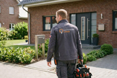 Elektriker von Elektrotechnik Lorenz mit Werkzeugtasche auf dem Weg zu einem Kundeneinsatz vor einem Wohnhaus