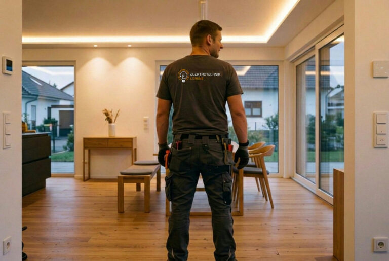 Elektriker von Elektrotechnik Lorenz im Münsterland steht in modernem Wohnraum mit indirekter LED-Deckenbeleuchtung und bodentiefen Fenstern